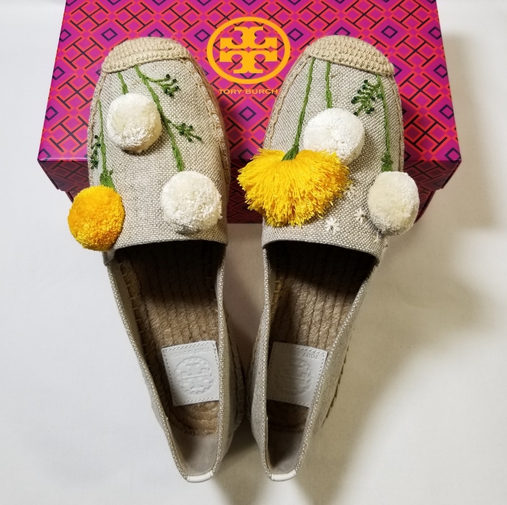 NIB Tory Burch Lily Platform Espadrille Linen/Embroidery in Natural Size 9, 9.5